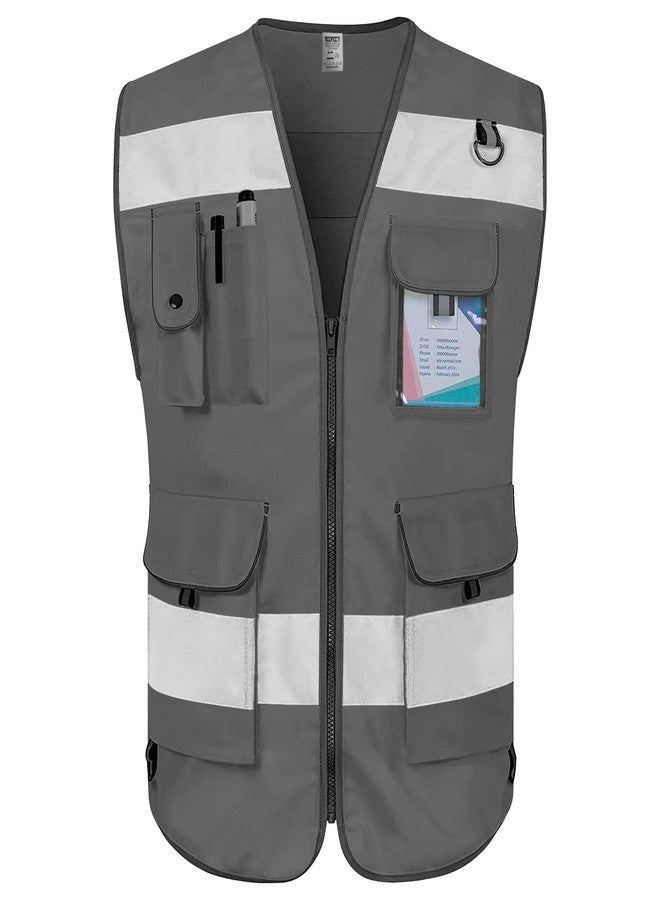 TCCFCCT Grey Safety Vest for Men Women 9 Pockets High Visibility Reflective Vest for Safety, Work Vest with Reflective Strips, Meets ANSI/ISEA Standards, Large - Image 1